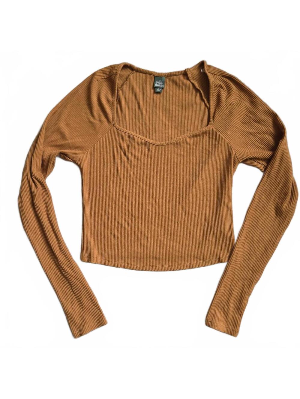 Wild Fable Ribbed Long Sleeve Crop Top in Brown, Size M